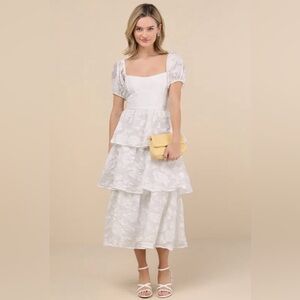 Lulu’s Elegant Ivory Jacquard Puff Sleeve Tiered Midi Dress Size L